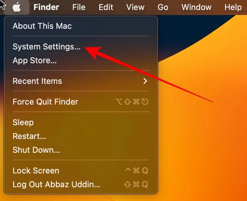 Botón de configuración del sistema desde el icono de Apple