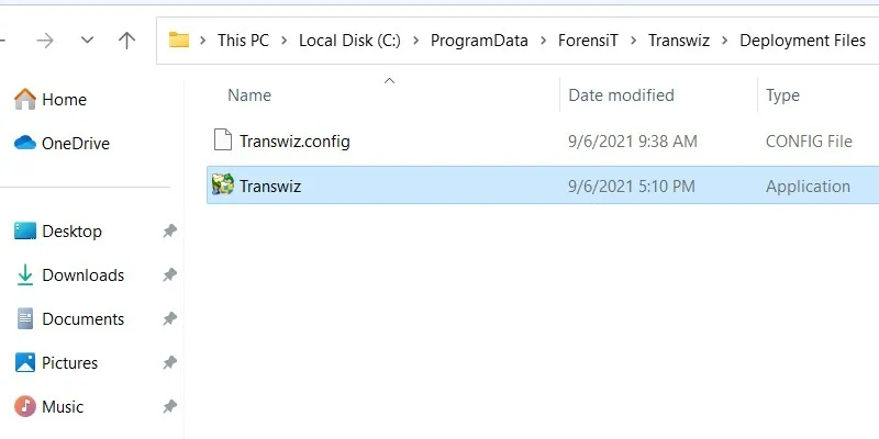 La cartella Transwiz su Windows, con il file EXE evidenziato.