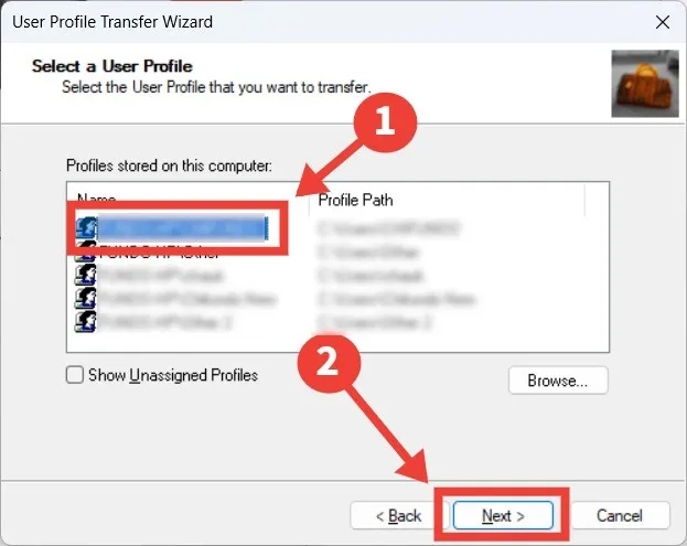 Il processo di scelta di un profilo a cui trasferire i dati in Transwiz su Windows.