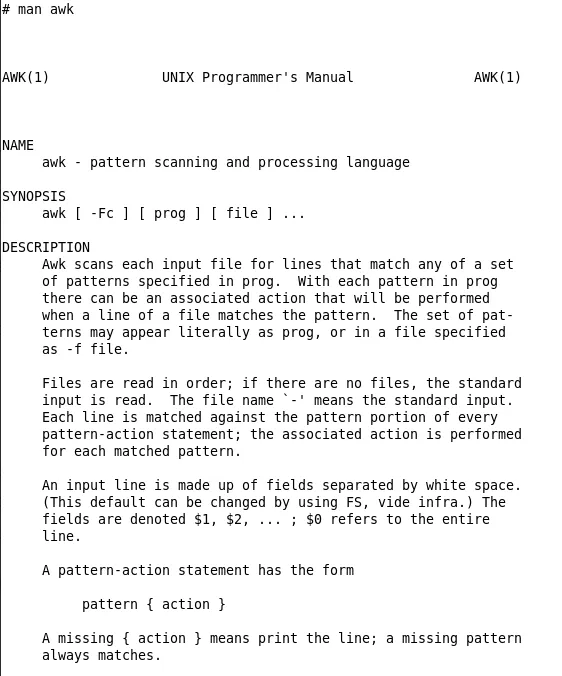 Une capture d'écran de la page de manuel awk de la 7e édition de Research Unix.