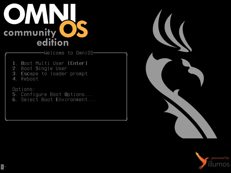 Une capture d'écran du chargeur de démarrage OmniOS BSD.