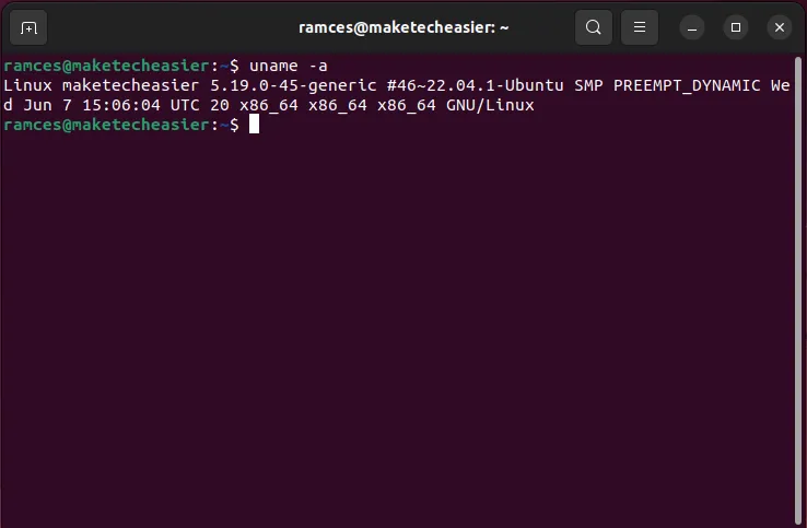 Ubuntu 22.04 上の Linux カーネルの現在のバージョンを表示するターミナル。