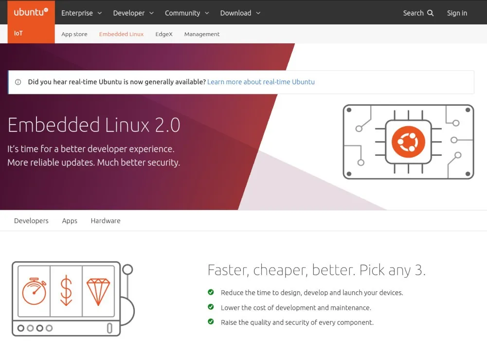 Ubuntu SoC Linux ディストリビューション Web ページのスクリーンショット。
