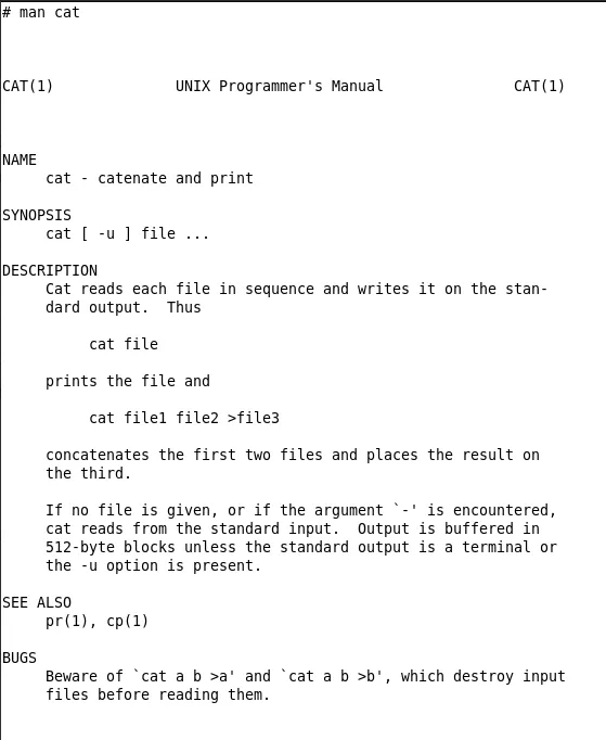 Une capture d'écran de la page de manuel du chat de la 7e édition de Research UNIX.