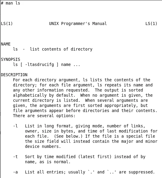 Ein Screenshot der ls-Manpage der 7. Edition von Research UNIX.