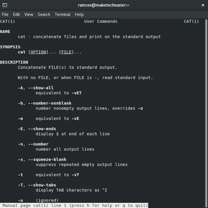 Un terminal affichant la page de manuel Linux cat.