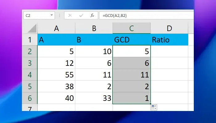 Gebruik de GCD-formule in Excel