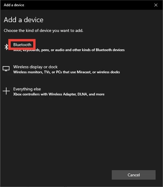 La procedura guidata Aggiungi un dispositivo di Windows 10, con l'opzione Bluetooth evidenziata.