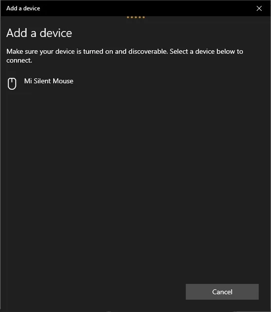 L'assistant Ajouter un appareil de Windows 10 avec une souris Mi Silent Mouse dans la liste des appareils détectables.