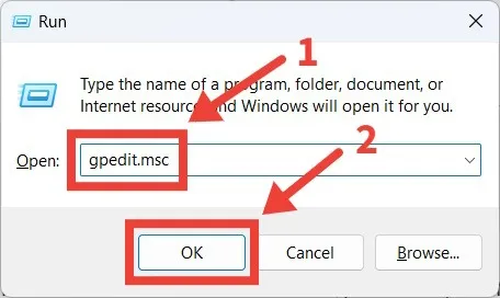 Il processo di avvio dell'Editor Criteri di gruppo locali utilizzando Windows Esegui su Windows.
