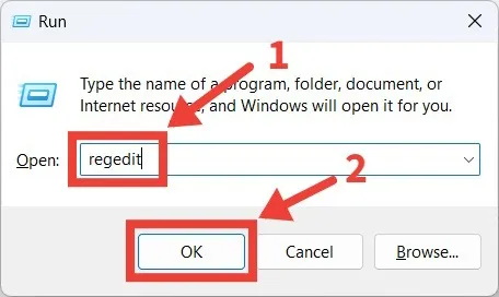 O processo de inicialização do Editor do Registro usando o Windows Run.