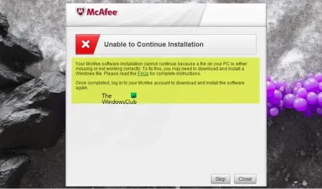 A instalação do software McAfee não pode continuar