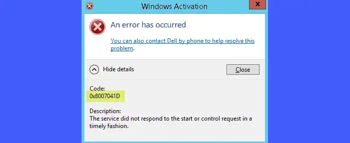 0x8007041D Errore di attivazione di Windows