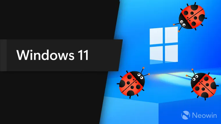 Un logo Windows 11 sous forme de fenêtre avec des coccinelles rampant vers elle