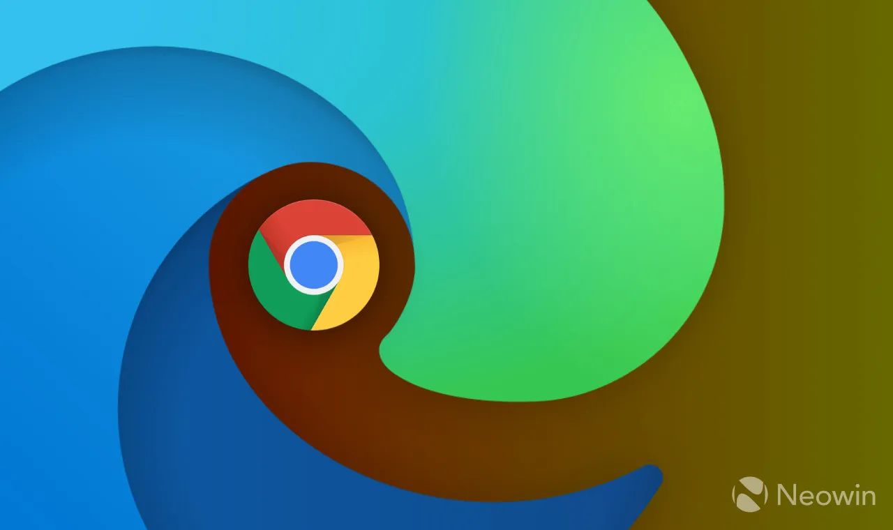 Um grande logotipo do Microsoft Edge com um logotipo do Chrome dentro dele