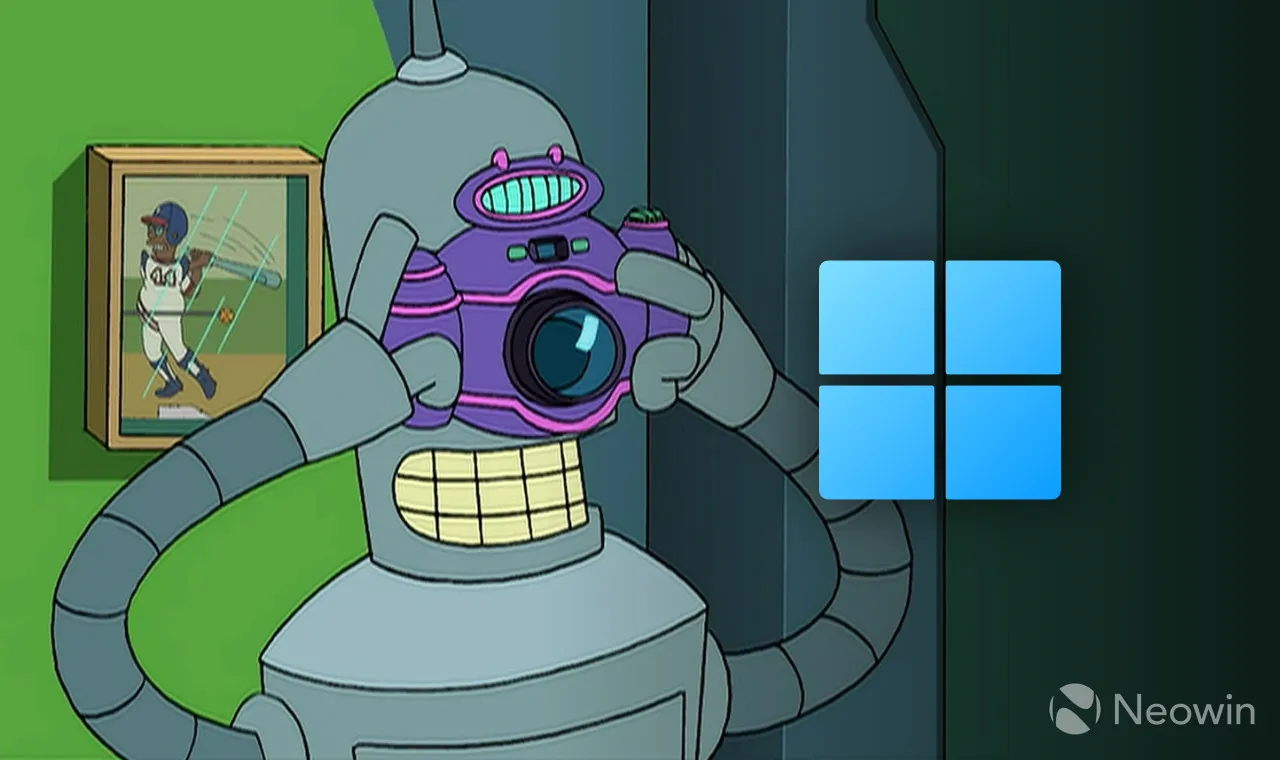 Een screenshot van Futurama met Bender die een foto maakt van een bovenop geplaatst Windows 11-logo