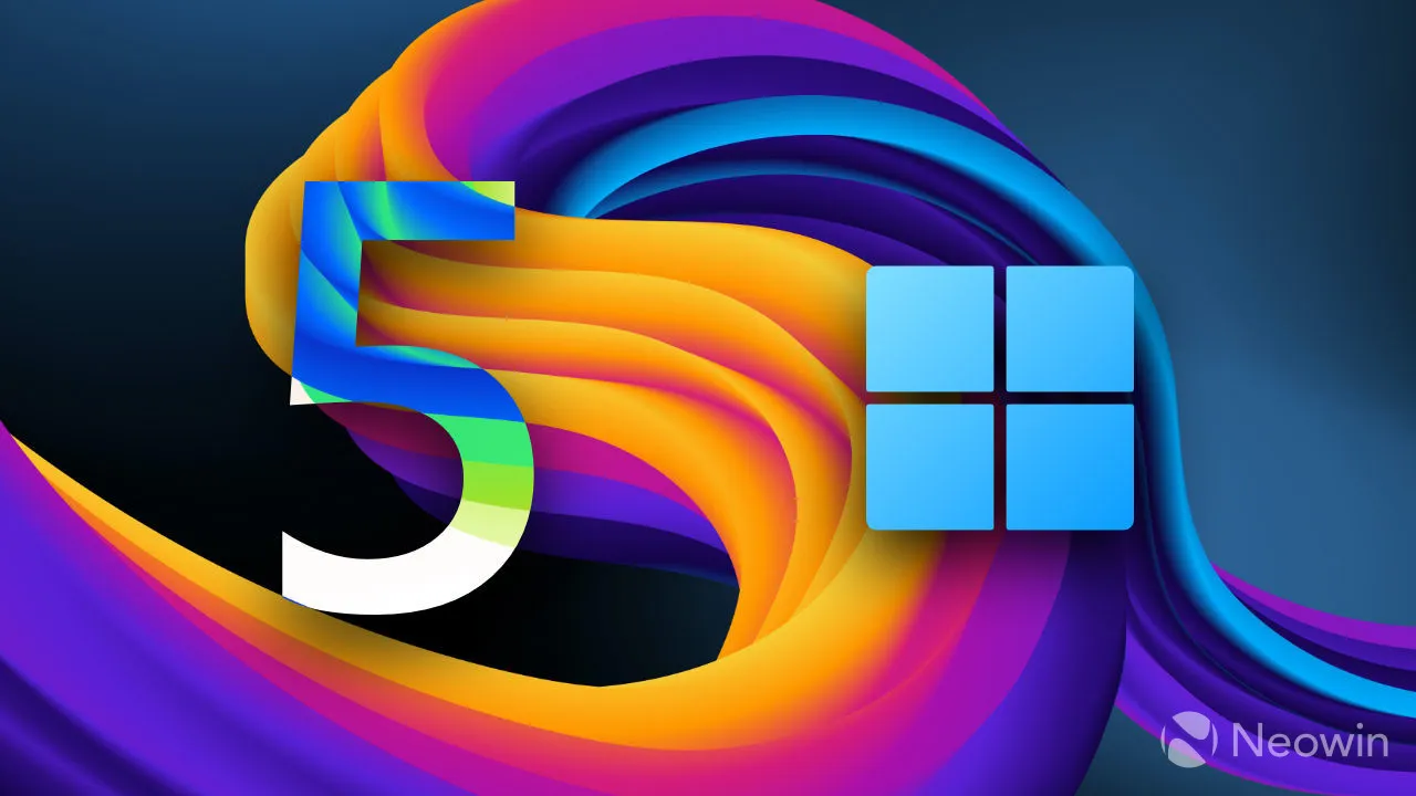 Windows 11 徽標旁邊有一個彩色背景的大 5