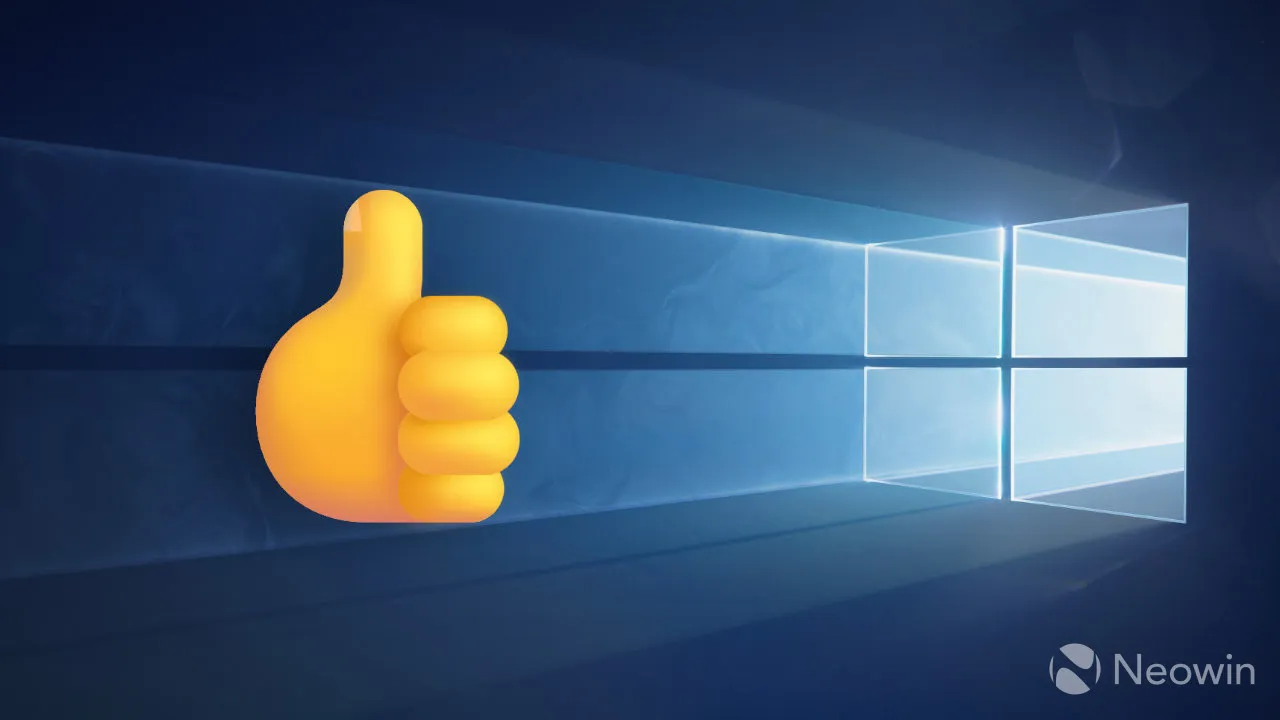 Un fondo de pantalla de Windows 10 con un emoji de pulgar hacia arriba
