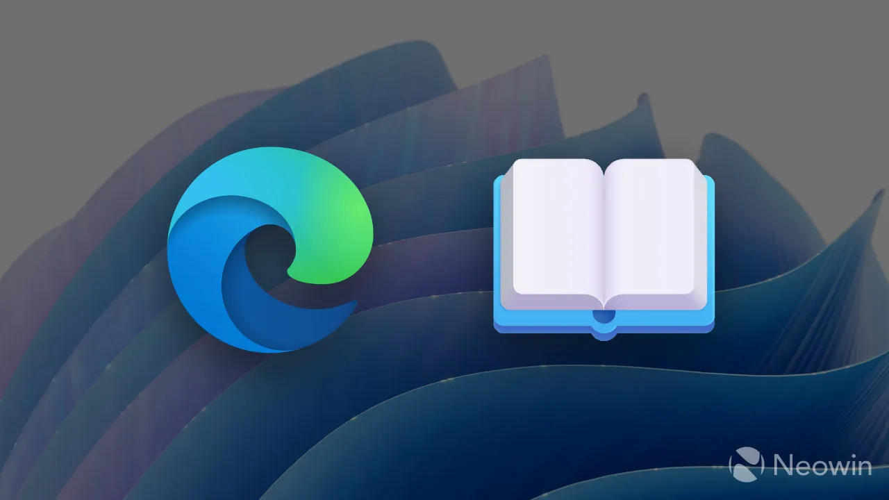 Ein Microsoft Edge-Logo neben einem Buch-Emoji
