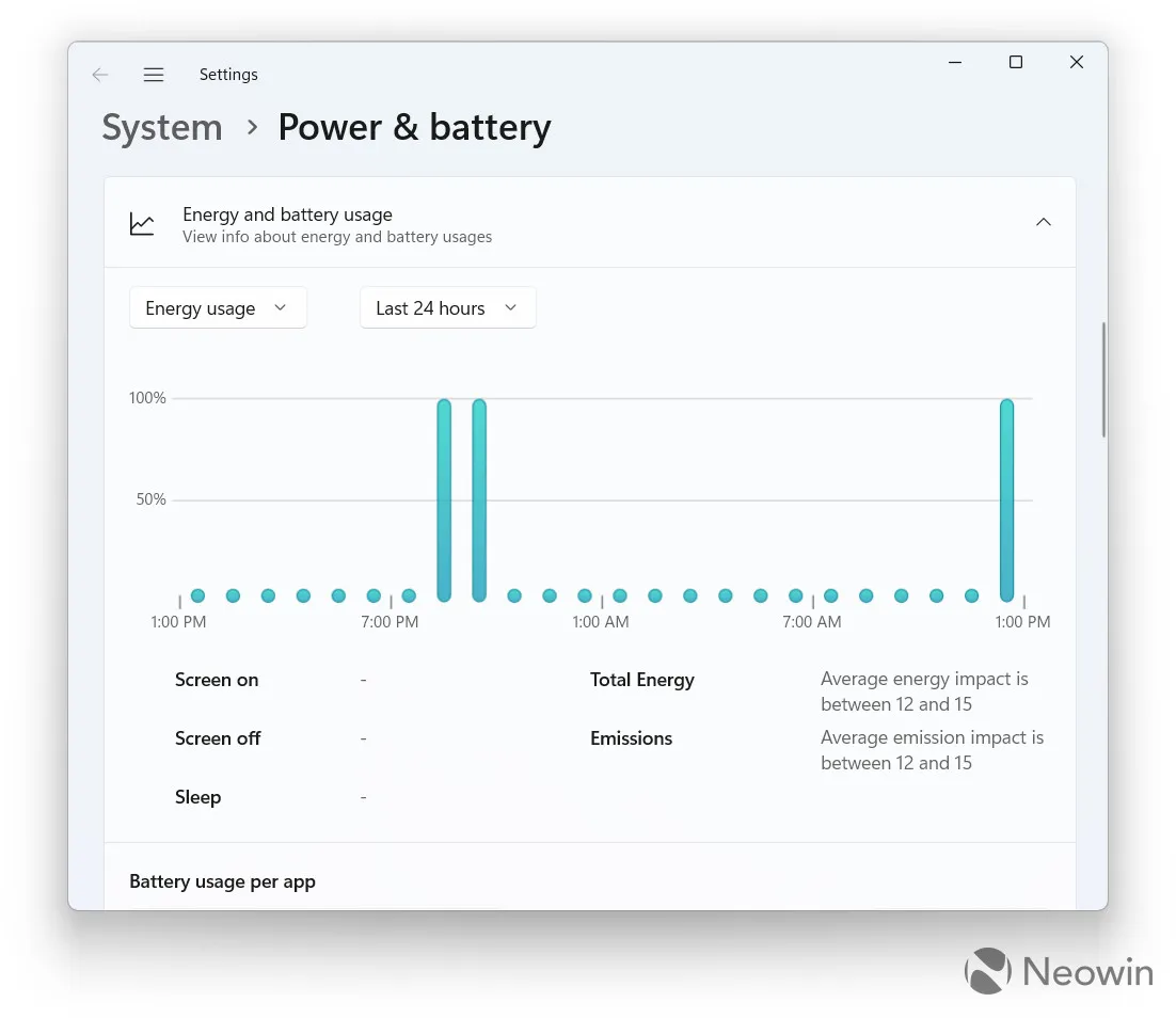 Ein Screenshot der Windows 11-Einstellungen-App, der den Energieverbrauch zeigt