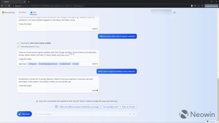 Capture d'écran de Bing Chat sur Google Chrome