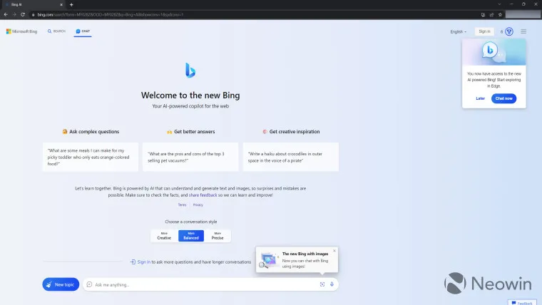 Capture d'écran de Bing Chat sur Google Chrome