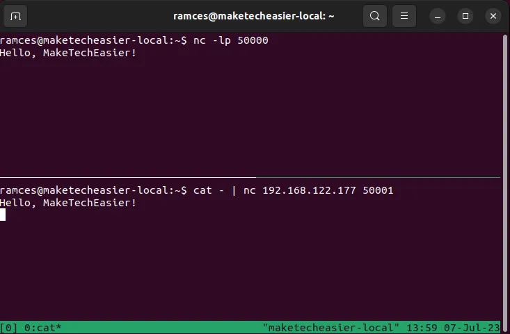 Ein Terminal, das zwei virtuelle Terminals für einen Vollduplex-Netcat-Chat zeigt.