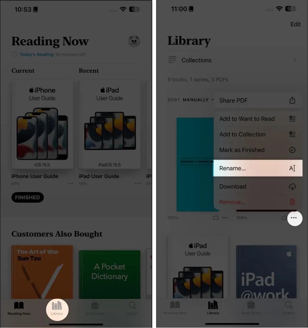 Greifen Sie auf die Bibliothek zu und benennen Sie eine Datei in der Bücher-App um
