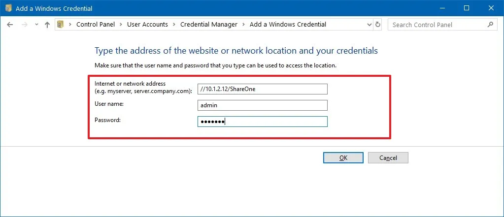 Adicionar credencial de rede no Windows 10
