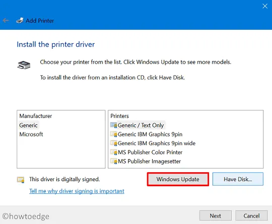 Agregar impresora - Actualización de Windows
