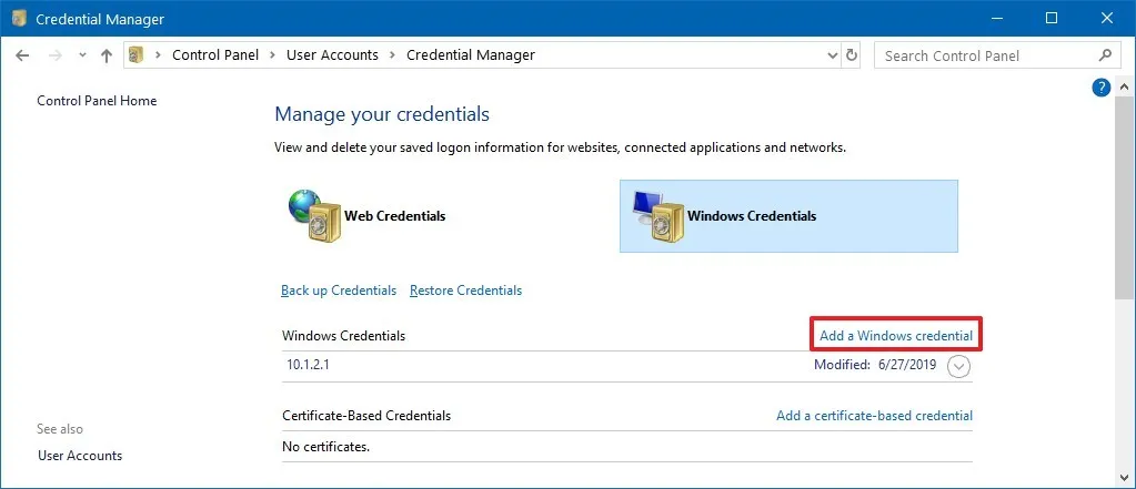 Windows資格情報オプションを追加