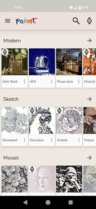 Bibliothèque de styles disponible dans l'application Paintnt pour Android.