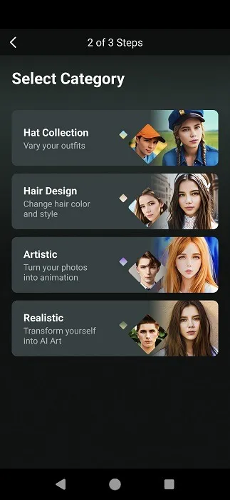 Het creatieproces van AI-avatars is gestart in de PhotoDirector-app voor Android.