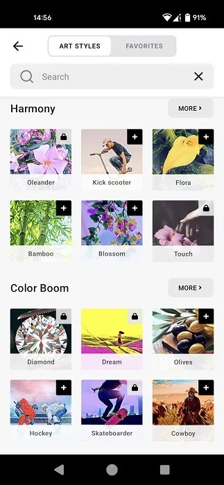 Verschillende kunststijlen beschikbaar in de Prisma-app voor Android.