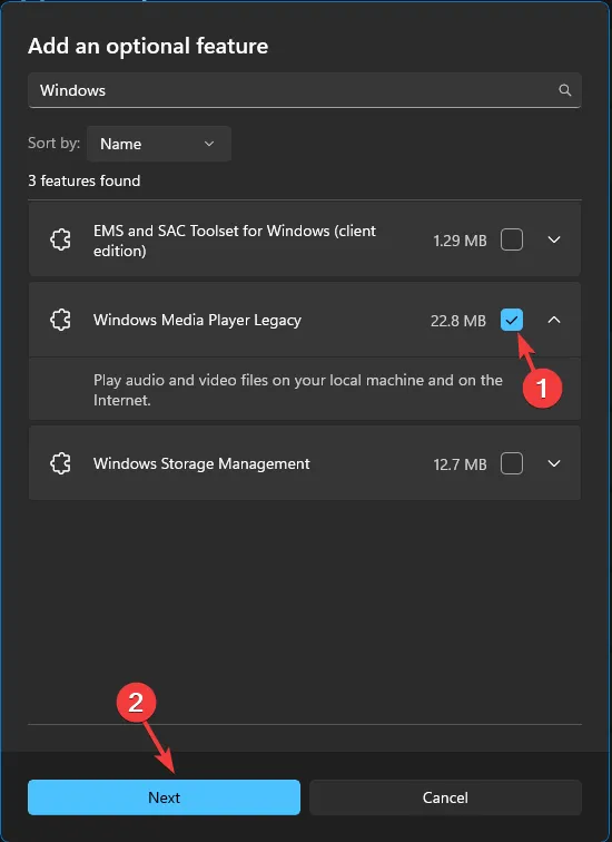 Windows Media Player 레거시 선택