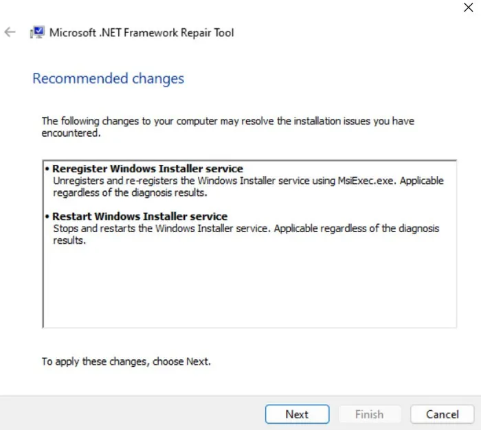 Applicazione delle modifiche suggerite dallo strumento di riparazione del framework .NET