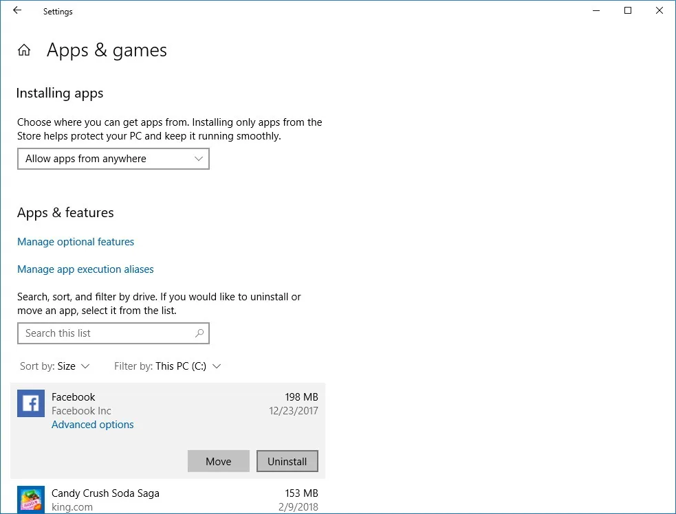 Instellingen voor apps en games op Windows 10