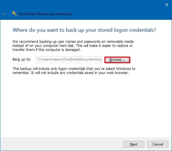 Percorso di backup per il file delle credenziali di Windows .crd