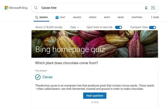 Bing 홈페이지 퀴즈 다음 질문