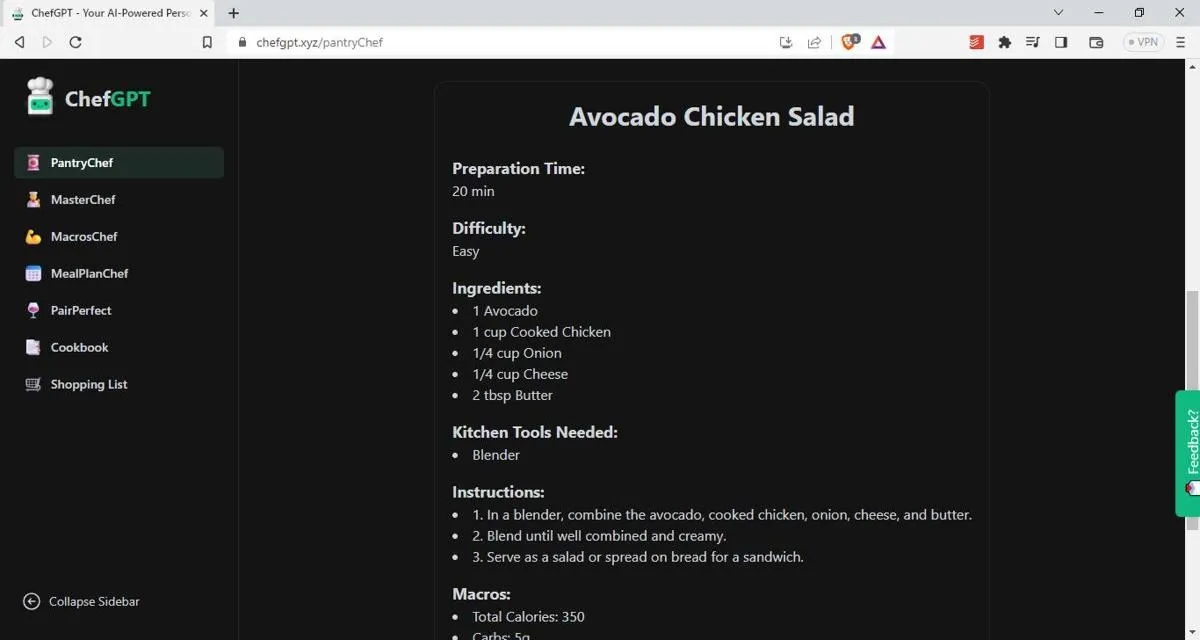 Chefgpt Xyz レシピ ジェネレーター Chatgpt 代替アボカド チキン サラダ レシピのスクリーンショット