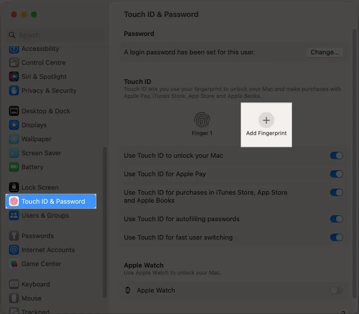 「Touch ID」を選択します。 とパスワードを入力し、「指紋の追加」をクリックします