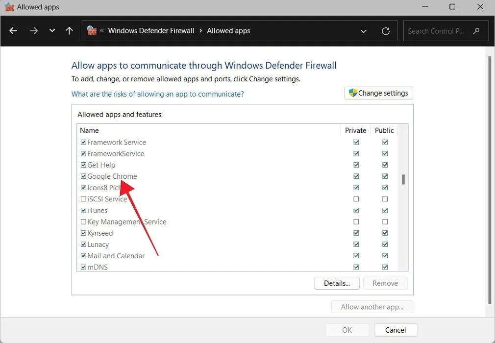 Controleren of Chrome door Windows Defender Firewall mag gaan.