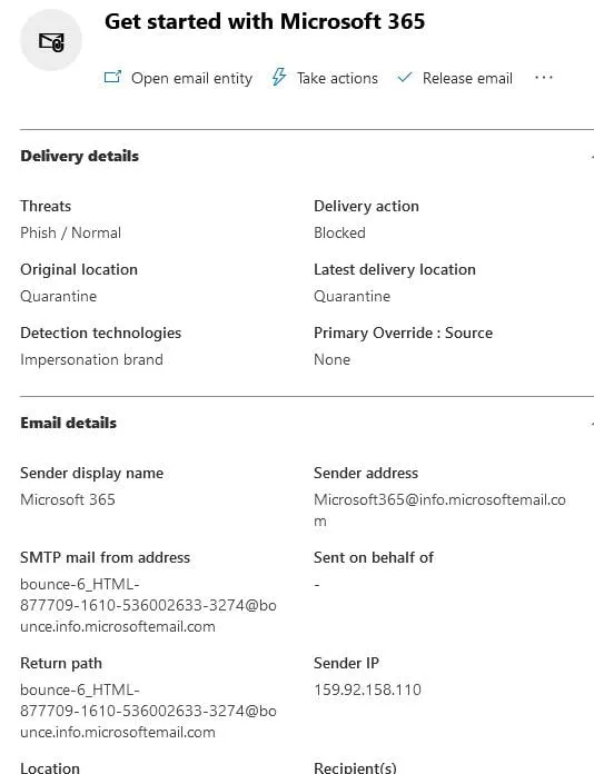 e-mail di phishing dell'account Microsoft