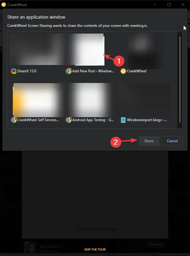 Browser-tabblad, programmavenster, volledig scherm en webcam