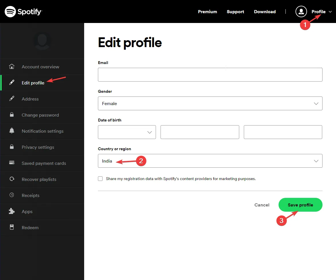 Modifier le profil, localiser le pays ou la région Spotify Error Auth 74