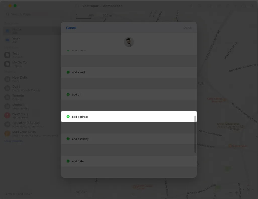 Apple Mapsで「住所を追加」をクリックします。