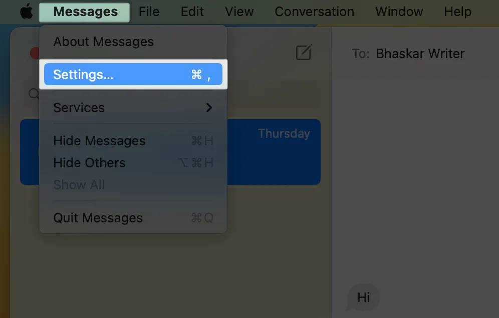 Haga clic en Mensajes en la barra de menú, seleccione Configuración.