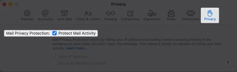 Clique na guia Privacidade, marque Proteger atividade de email