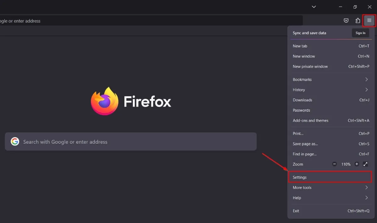 Firefox の設定を選択します