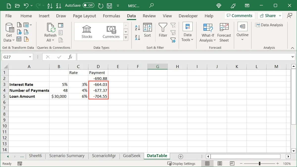 Voltooide gegevenstabel in Excel